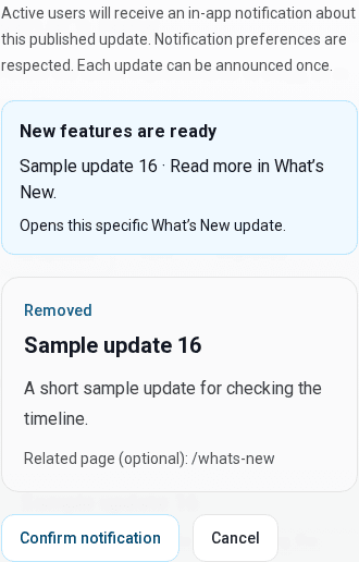 A sample update notification, reviewed before an administrator confirms it.