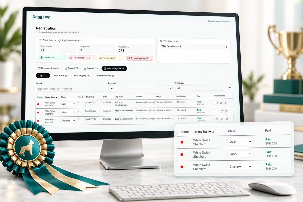 Dogg.Dog event registration screen showing sample dog entries, classes and payment status.
